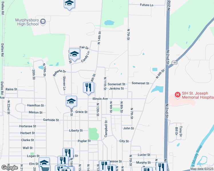map of restaurants, bars, coffee shops, grocery stores, and more near 1104 North 11th Street in Murphysboro