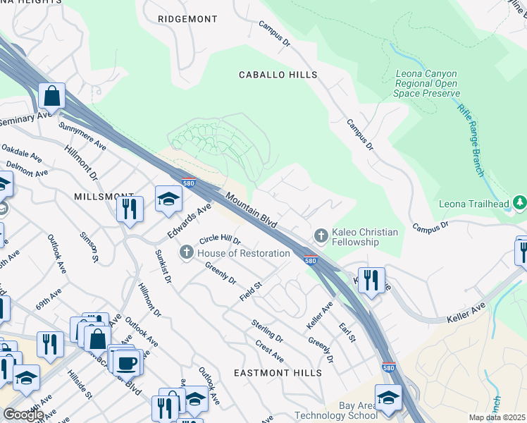 map of restaurants, bars, coffee shops, grocery stores, and more near 7400 Mountain Boulevard in Oakland