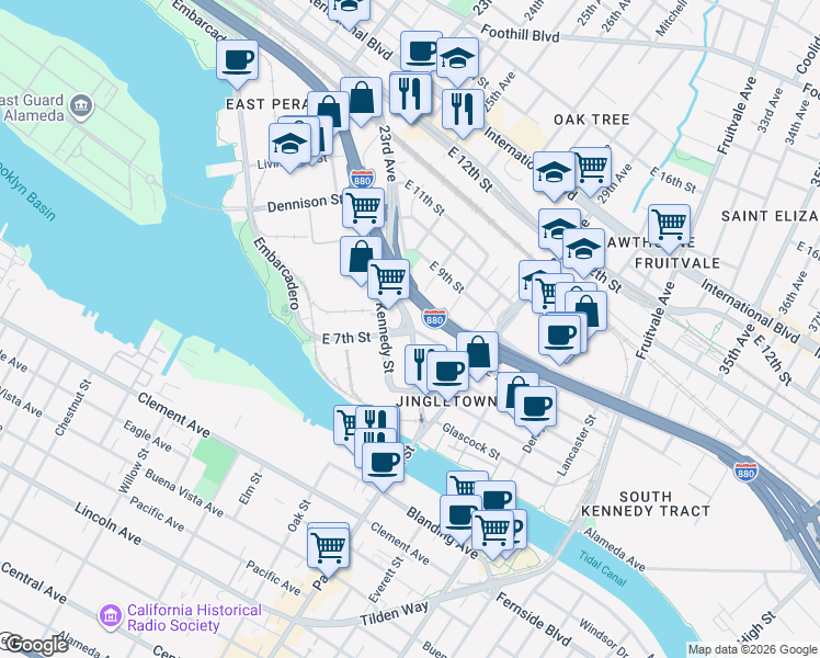 map of restaurants, bars, coffee shops, grocery stores, and more near 23rd Ave & E 7th St in Oakland