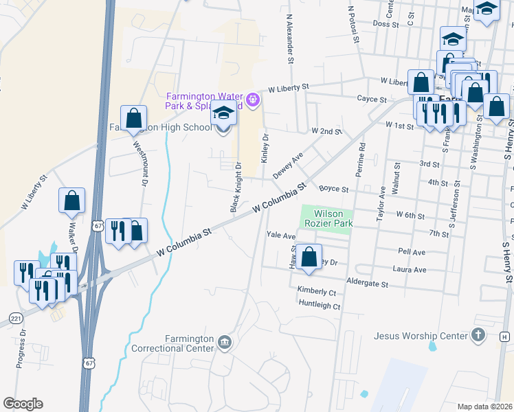 map of restaurants, bars, coffee shops, grocery stores, and more near 1001 West Columbia Street in Farmington