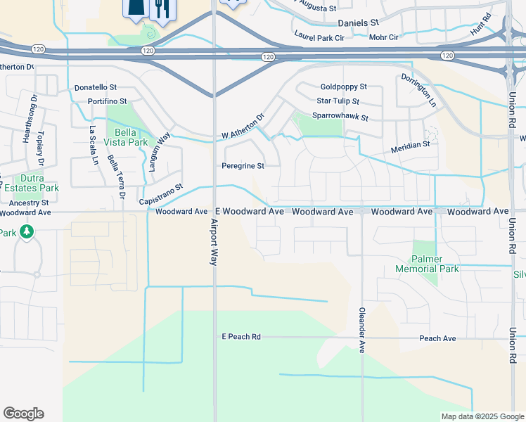 map of restaurants, bars, coffee shops, grocery stores, and more near 4764 East Woodward Avenue in Manteca