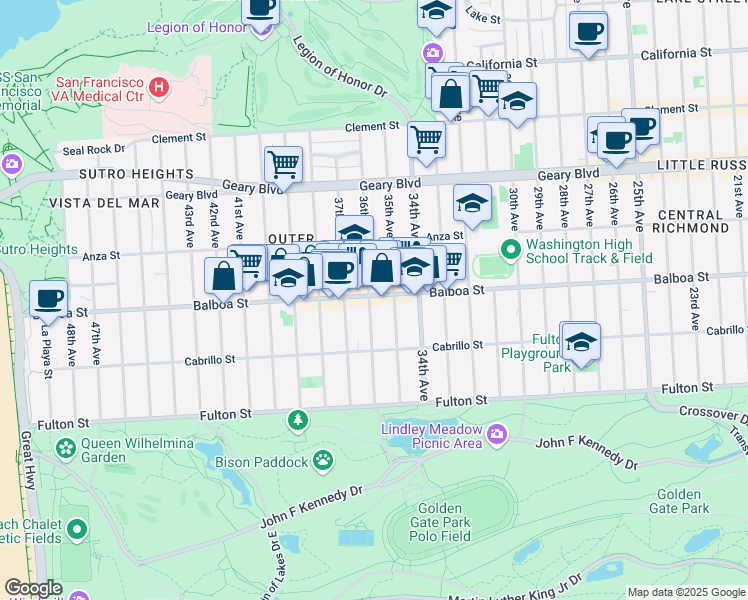map of restaurants, bars, coffee shops, grocery stores, and more near 3446 Balboa Street in San Francisco