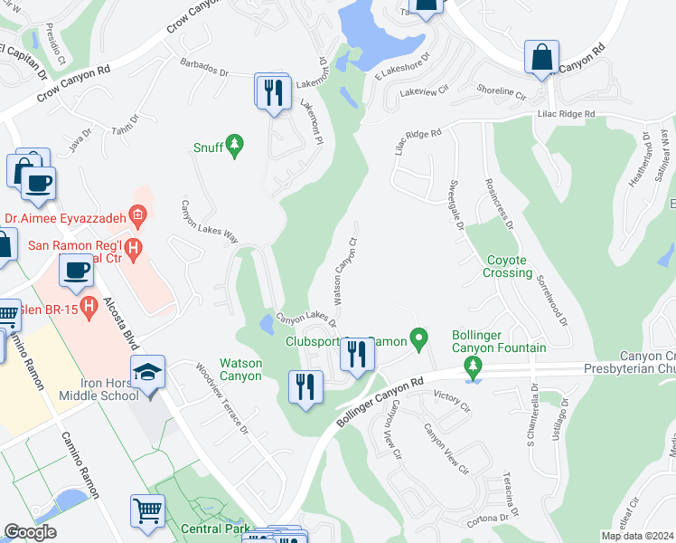 map of restaurants, bars, coffee shops, grocery stores, and more near 779 Watson Canyon Court in San Ramon