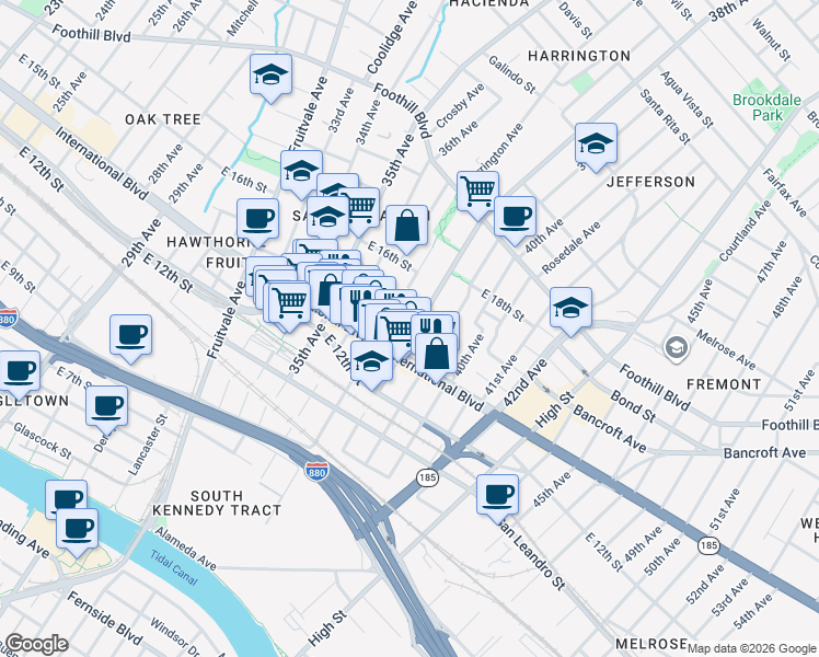 map of restaurants, bars, coffee shops, grocery stores, and more near 1442 37th Avenue in Oakland
