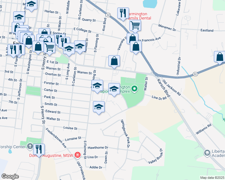 map of restaurants, bars, coffee shops, grocery stores, and more near 1040 Forster Street in Farmington