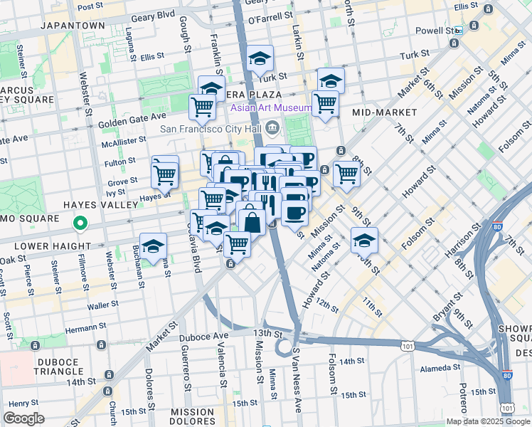 map of restaurants, bars, coffee shops, grocery stores, and more near 25 Van Ness Avenue in San Francisco
