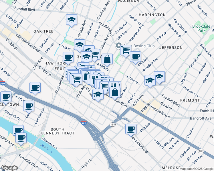 map of restaurants, bars, coffee shops, grocery stores, and more near 1442 37th Avenue in Oakland