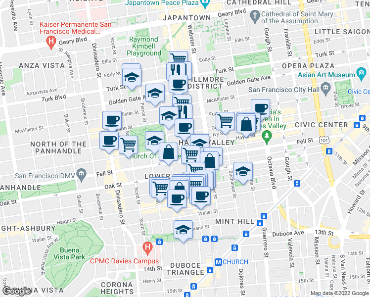 map of restaurants, bars, coffee shops, grocery stores, and more near in San Francisco