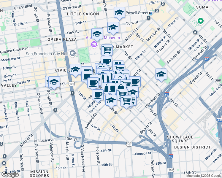 map of restaurants, bars, coffee shops, grocery stores, and more near 765 Minna Street in San Francisco