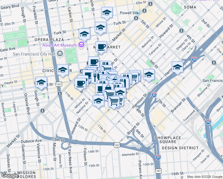 map of restaurants, bars, coffee shops, grocery stores, and more near 1233 Howard Street in San Francisco