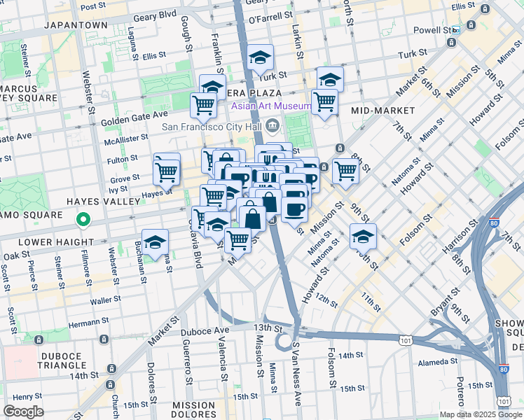 map of restaurants, bars, coffee shops, grocery stores, and more near 25 Van Ness Avenue in San Francisco