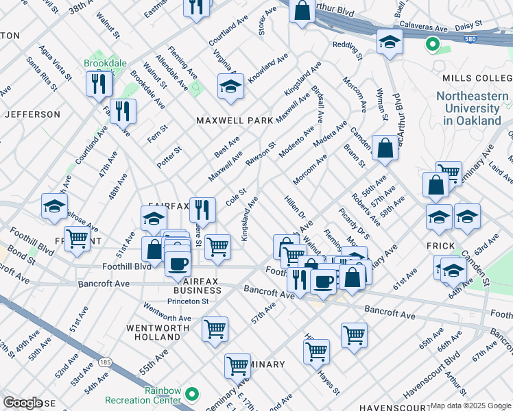 map of restaurants, bars, coffee shops, grocery stores, and more near 2622 Kingsland Avenue in Oakland