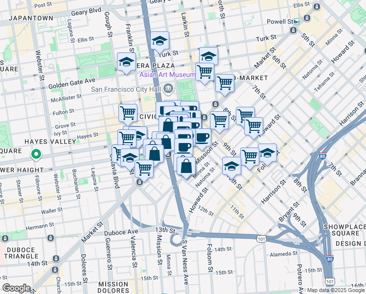 map of restaurants, bars, coffee shops, grocery stores, and more near 1455 Market Street in San Francisco