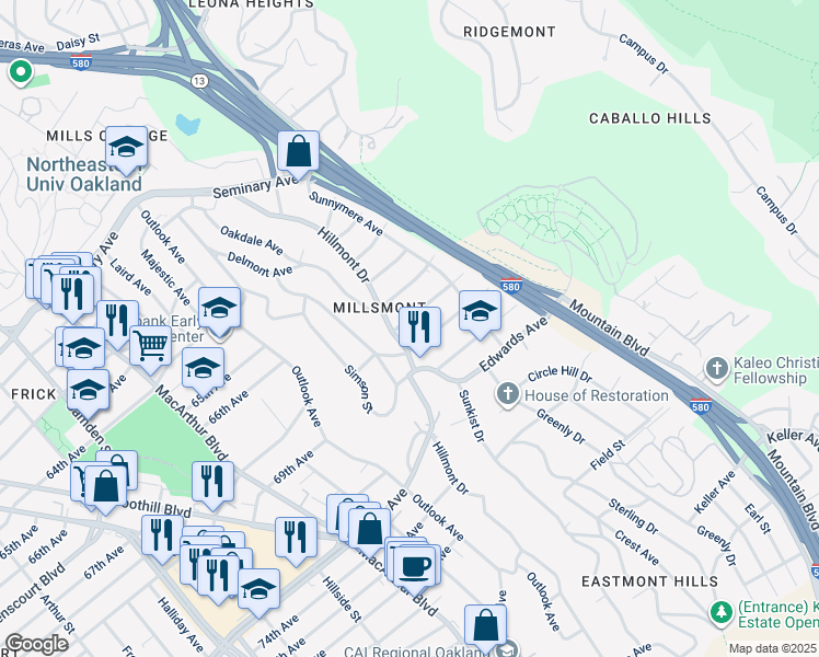 map of restaurants, bars, coffee shops, grocery stores, and more near 3920 Edgemoor Place in Oakland