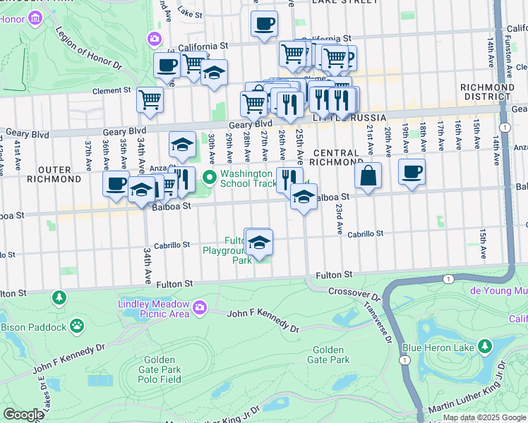 map of restaurants, bars, coffee shops, grocery stores, and more near 701 27th Avenue in San Francisco
