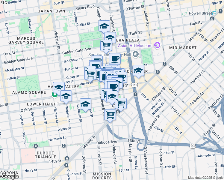 map of restaurants, bars, coffee shops, grocery stores, and more near 246 Gough Street in San Francisco