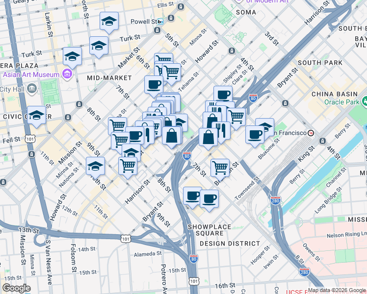 map of restaurants, bars, coffee shops, grocery stores, and more near in San Francisco