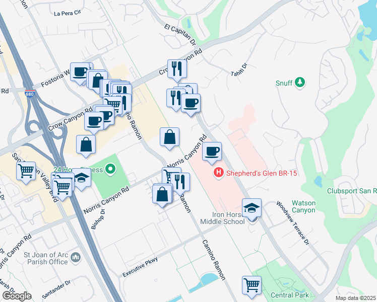 map of restaurants, bars, coffee shops, grocery stores, and more near 4708 Norris Canyon Road in San Ramon