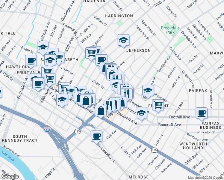 map of restaurants, bars, coffee shops, grocery stores, and more near 4100 Foothill Boulevard in Oakland