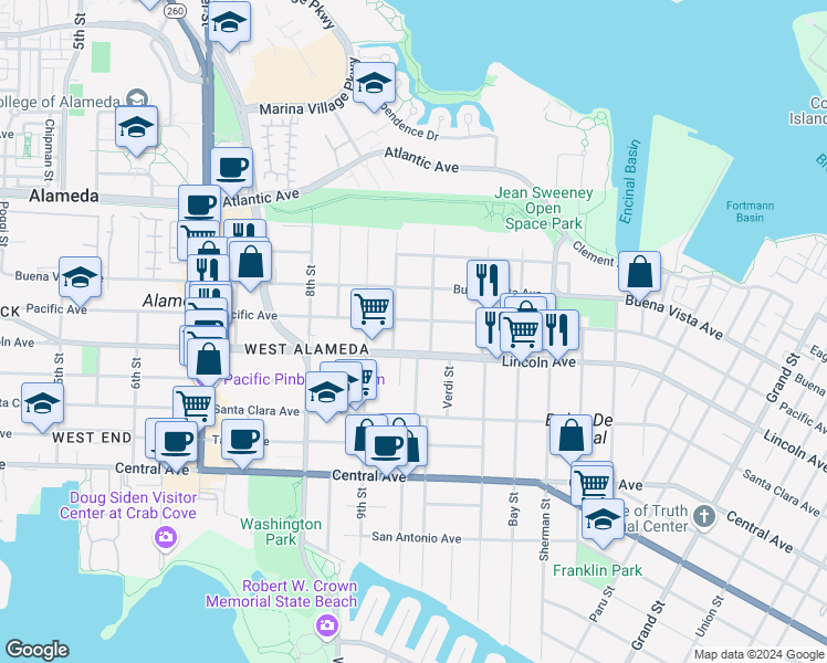 map of restaurants, bars, coffee shops, grocery stores, and more near 949 Pacific Avenue in Alameda