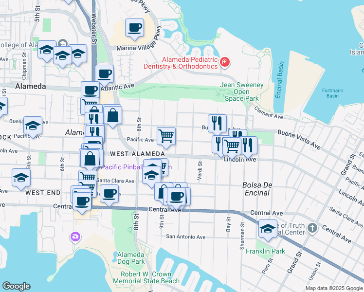 map of restaurants, bars, coffee shops, grocery stores, and more near 1629 Wood Street in Alameda
