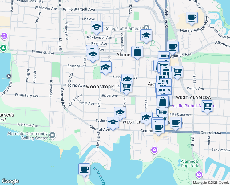 map of restaurants, bars, coffee shops, grocery stores, and more near 464a Pacific Avenue in Alameda