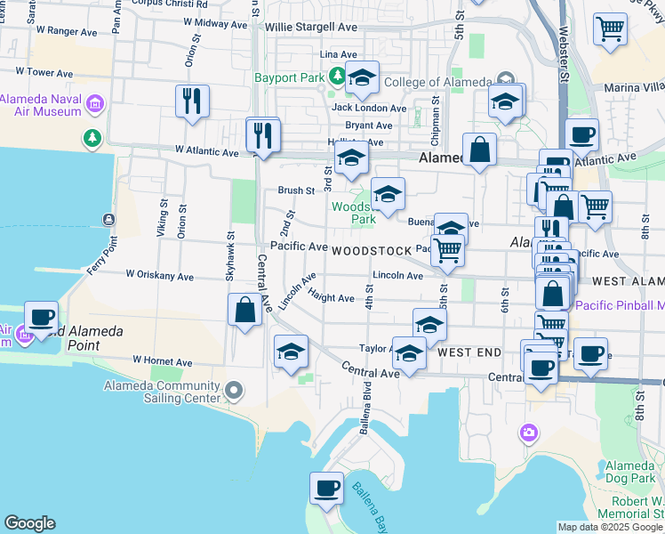map of restaurants, bars, coffee shops, grocery stores, and more near 306 Pacific Avenue in Alameda