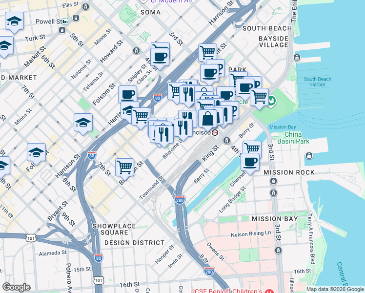 map of restaurants, bars, coffee shops, grocery stores, and more near 388 Townsend Street in San Francisco