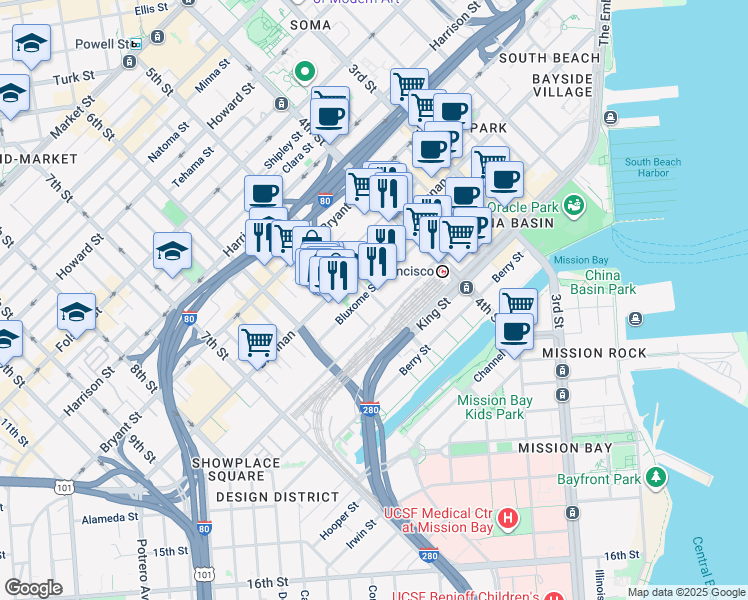 map of restaurants, bars, coffee shops, grocery stores, and more near 311 Townsend Street in San Francisco