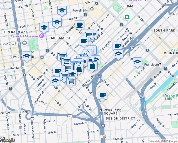 map of restaurants, bars, coffee shops, grocery stores, and more near 336 7th Street in San Francisco