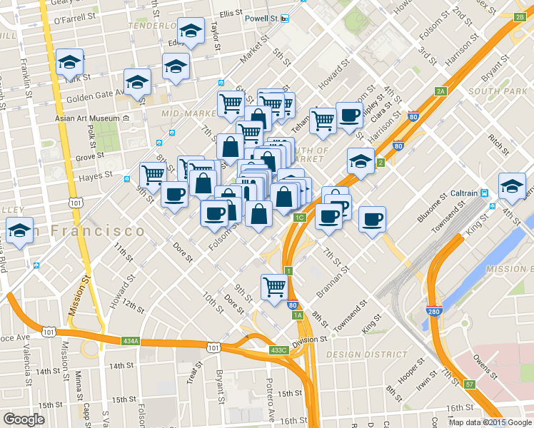 map of restaurants, bars, coffee shops, grocery stores, and more near 336 7th Street in San Francisco