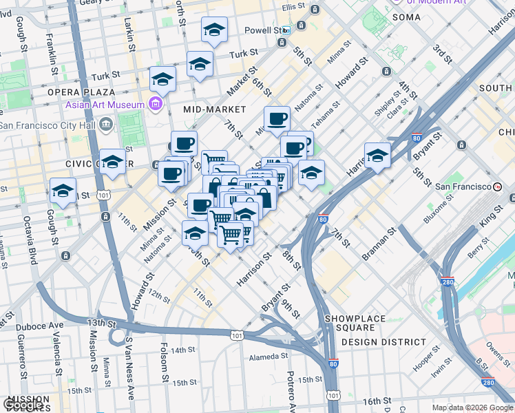 map of restaurants, bars, coffee shops, grocery stores, and more near 58 Sumner Street in San Francisco