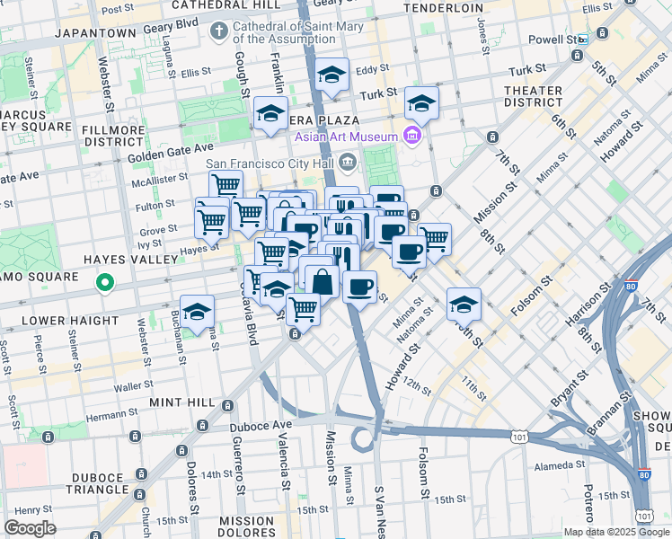 map of restaurants, bars, coffee shops, grocery stores, and more near in San Francisco
