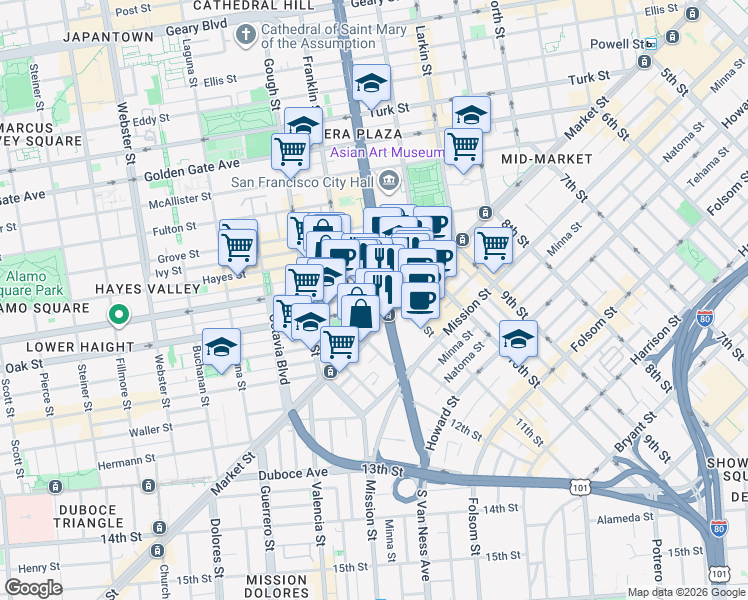 map of restaurants, bars, coffee shops, grocery stores, and more near in San Francisco