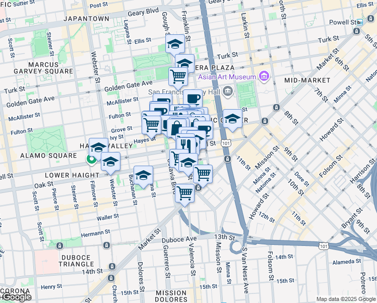 map of restaurants, bars, coffee shops, grocery stores, and more near 280 Fell Street in San Francisco