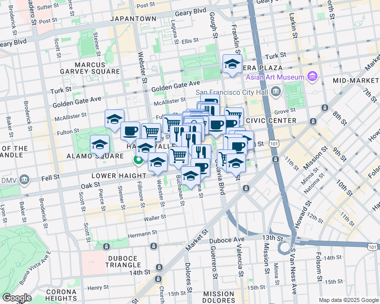 map of restaurants, bars, coffee shops, grocery stores, and more near 542 Linden Street in San Francisco