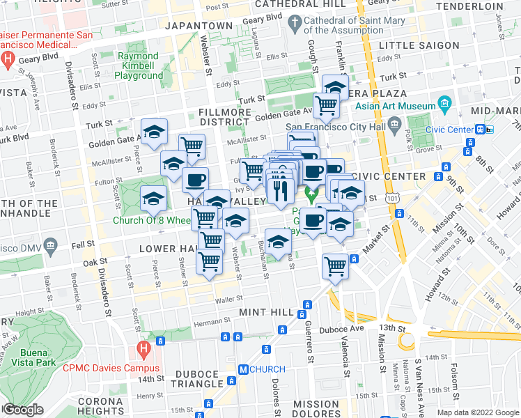 map of restaurants, bars, coffee shops, grocery stores, and more near 542 Linden Street in San Francisco