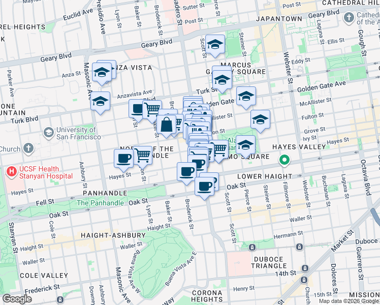 map of restaurants, bars, coffee shops, grocery stores, and more near 1335 Fulton Street in San Francisco