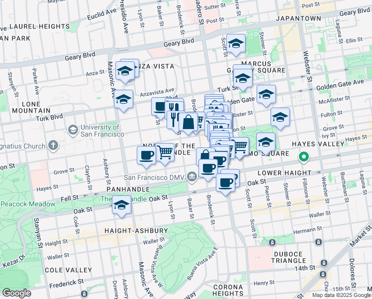 map of restaurants, bars, coffee shops, grocery stores, and more near 1442 Grove Street in San Francisco