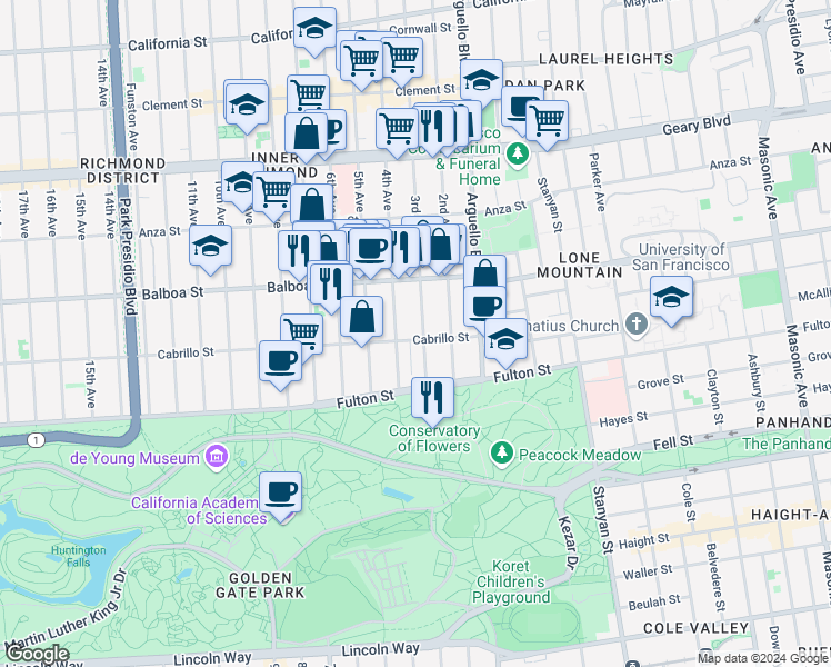 map of restaurants, bars, coffee shops, grocery stores, and more near 674 4th Avenue in San Francisco