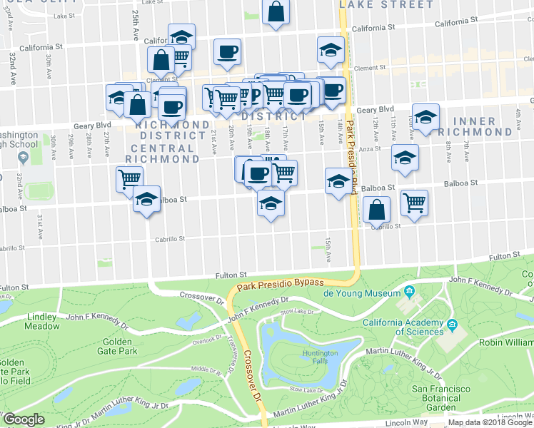 map of restaurants, bars, coffee shops, grocery stores, and more near 634 18th Avenue in San Francisco