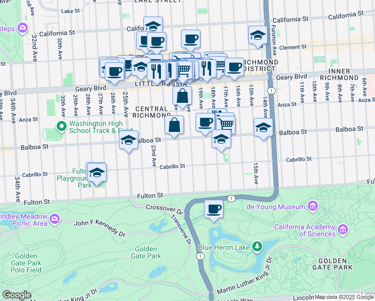 map of restaurants, bars, coffee shops, grocery stores, and more near 623 20th Avenue in San Francisco