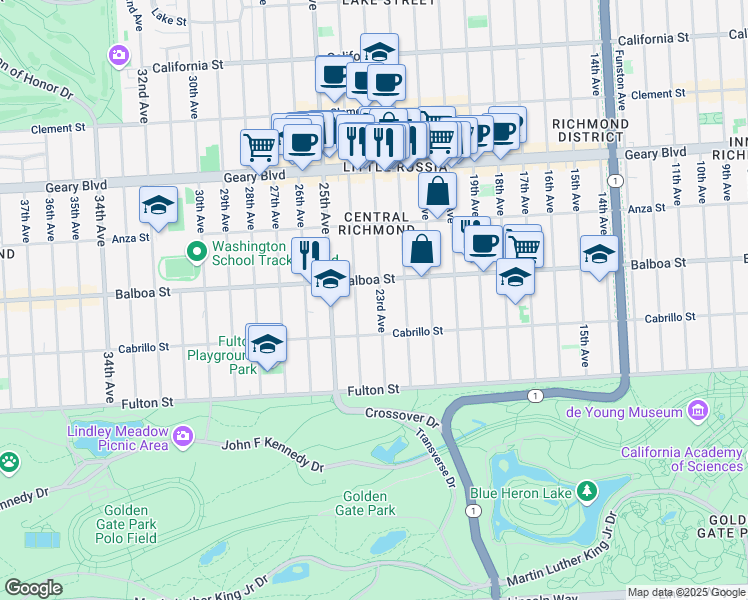 map of restaurants, bars, coffee shops, grocery stores, and more near 619 23rd Avenue in San Francisco