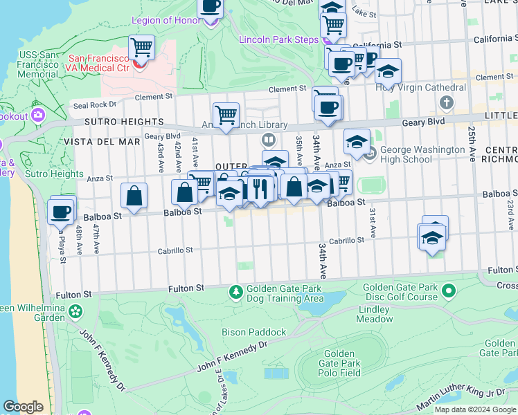 map of restaurants, bars, coffee shops, grocery stores, and more near 698-654 37th Avenue in San Francisco