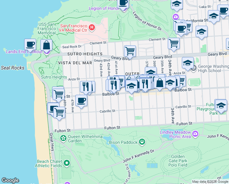 map of restaurants, bars, coffee shops, grocery stores, and more near 675 41st Avenue in San Francisco