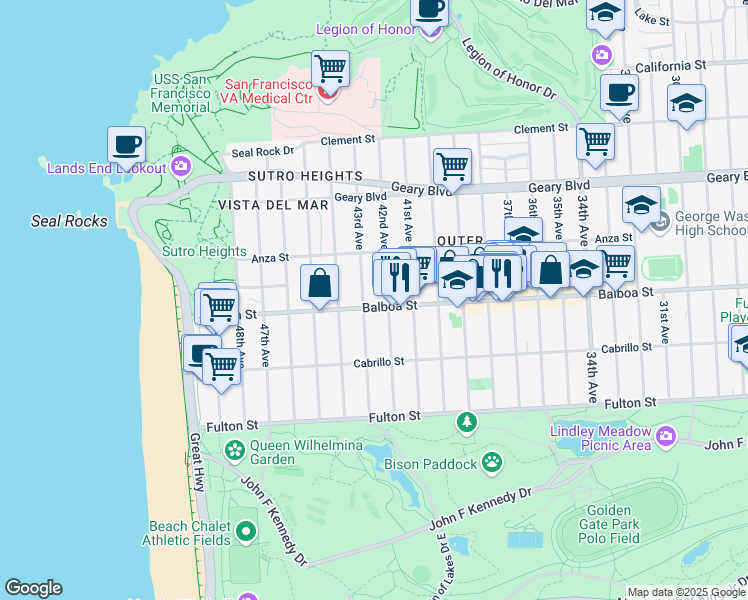 map of restaurants, bars, coffee shops, grocery stores, and more near 670 43rd Avenue in San Francisco