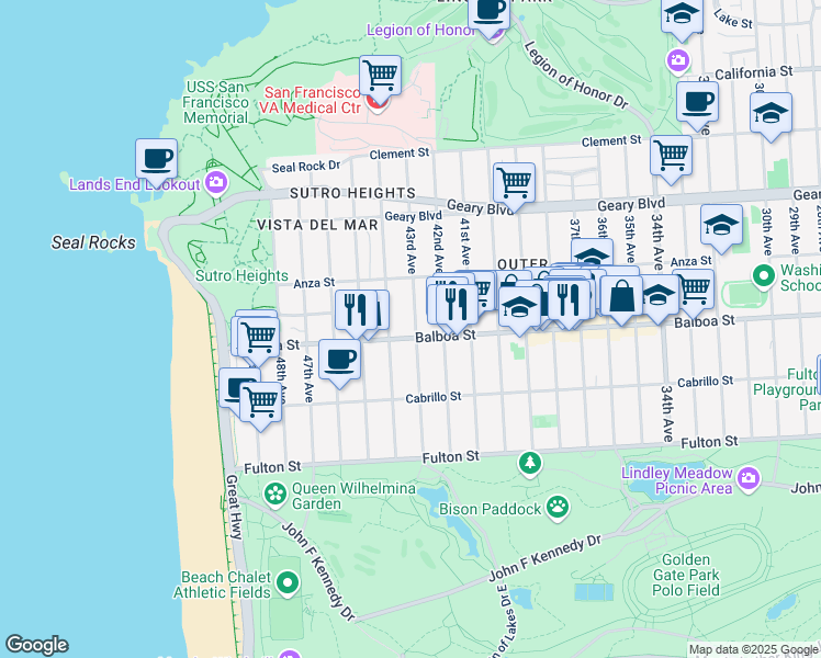 map of restaurants, bars, coffee shops, grocery stores, and more near 670 43rd Avenue in San Francisco