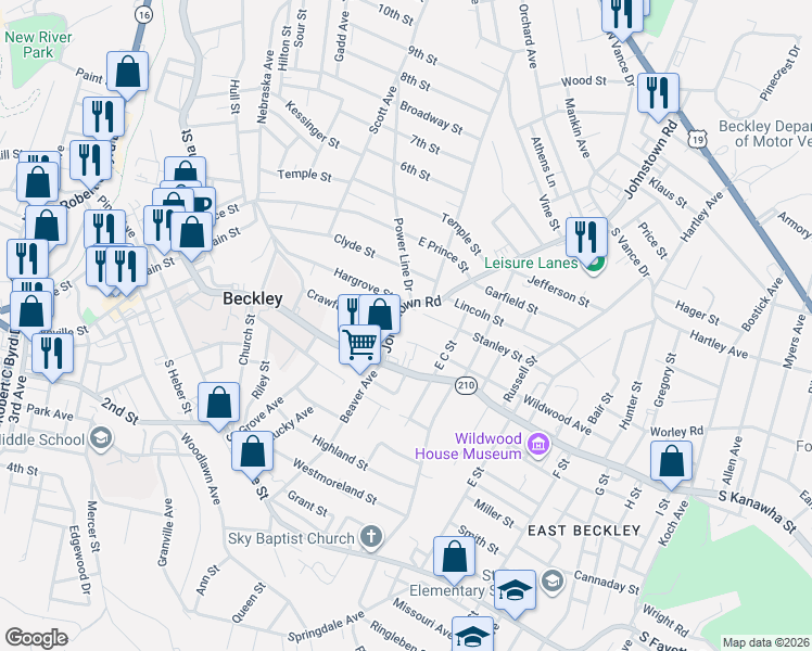 map of restaurants, bars, coffee shops, grocery stores, and more near 94-98 Stanley Street in Beckley