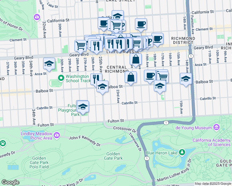 map of restaurants, bars, coffee shops, grocery stores, and more near 619 23rd Avenue in San Francisco