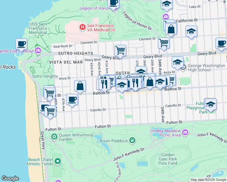map of restaurants, bars, coffee shops, grocery stores, and more near 678 40th Avenue in San Francisco